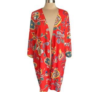 Jodifl Red Bold Floral Print Kimono LARGE Bright Colorful Summery Beach Resort